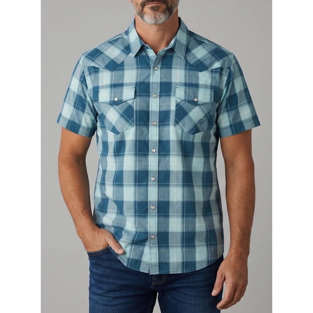 ARIAT Retro Fitted Men's XXL Blue Plaid Western Snap Shirt Short Sleeve Cotton